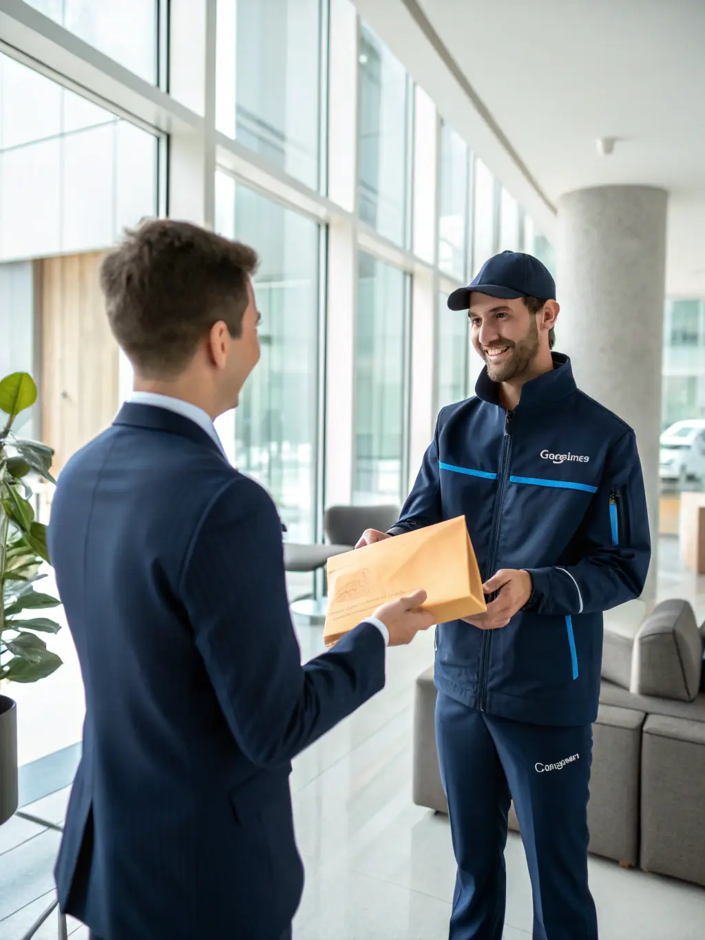 A courier handing over an important document to a client at a busy city street, emphasizing speed and security for Mt. Zion Platinum Holdings, LLC.