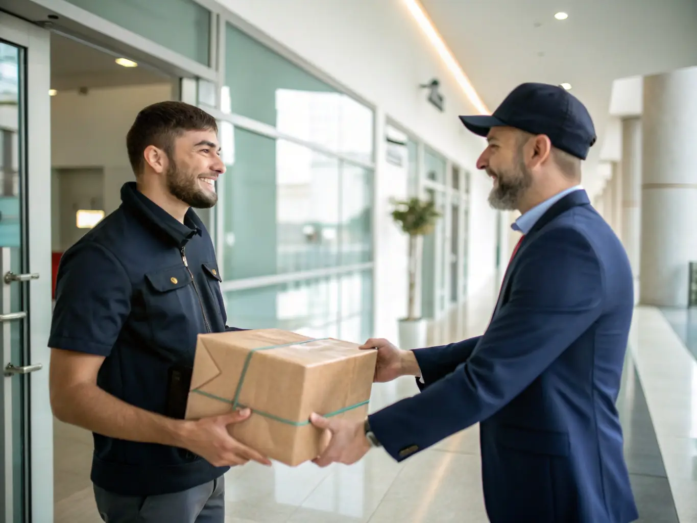 A courier carefully handling a package, emphasizing the secure handling and care taken with each delivery by Mt. Zion Platinum Holdings, LLC.