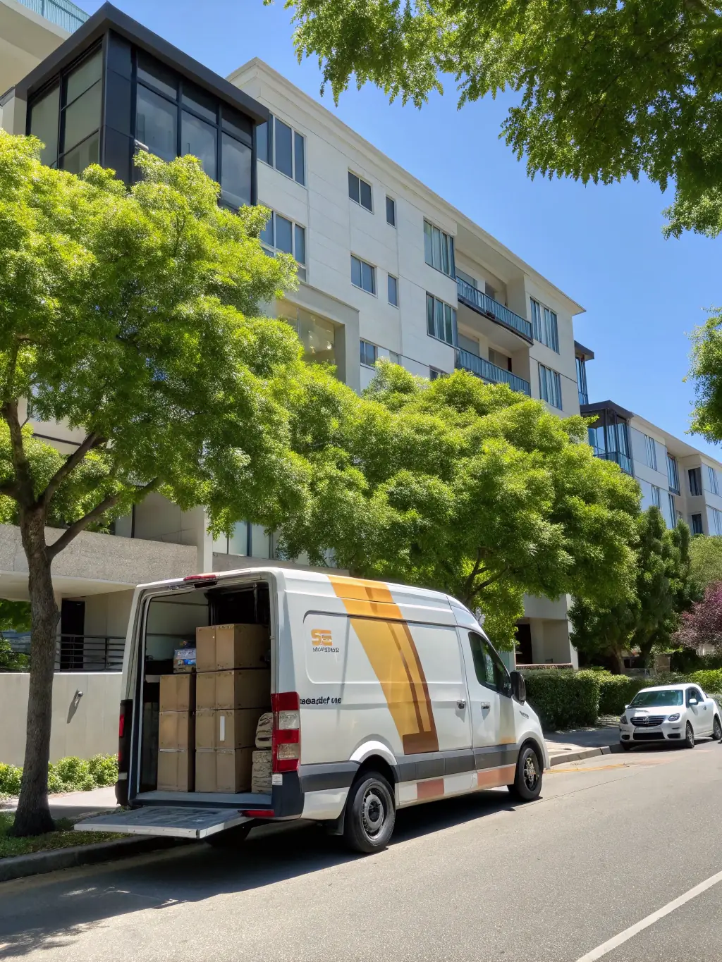 A delivery van with the Mt. Zion Platinum Holdings, LLC logo on the side, parked in front of a modern office building, symbolizing efficient parcel delivery services.
